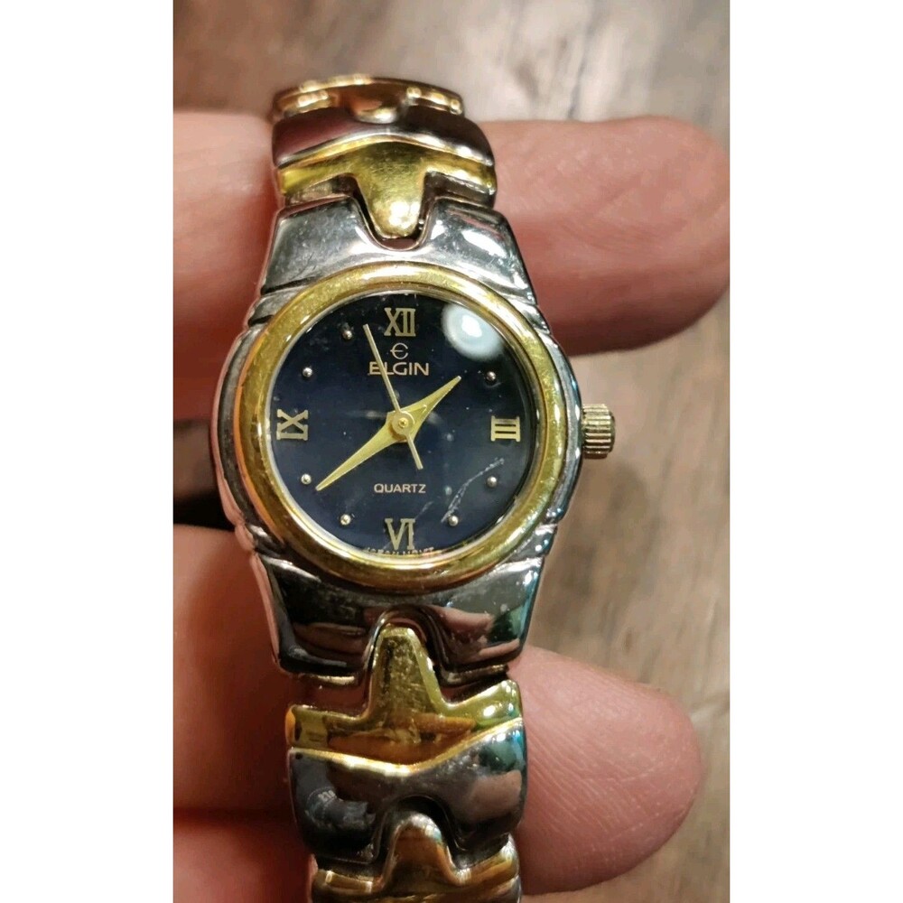 Elgin Quartz Wrist Watch Ladies Blue Face Gold Silver Tone 6” Read!